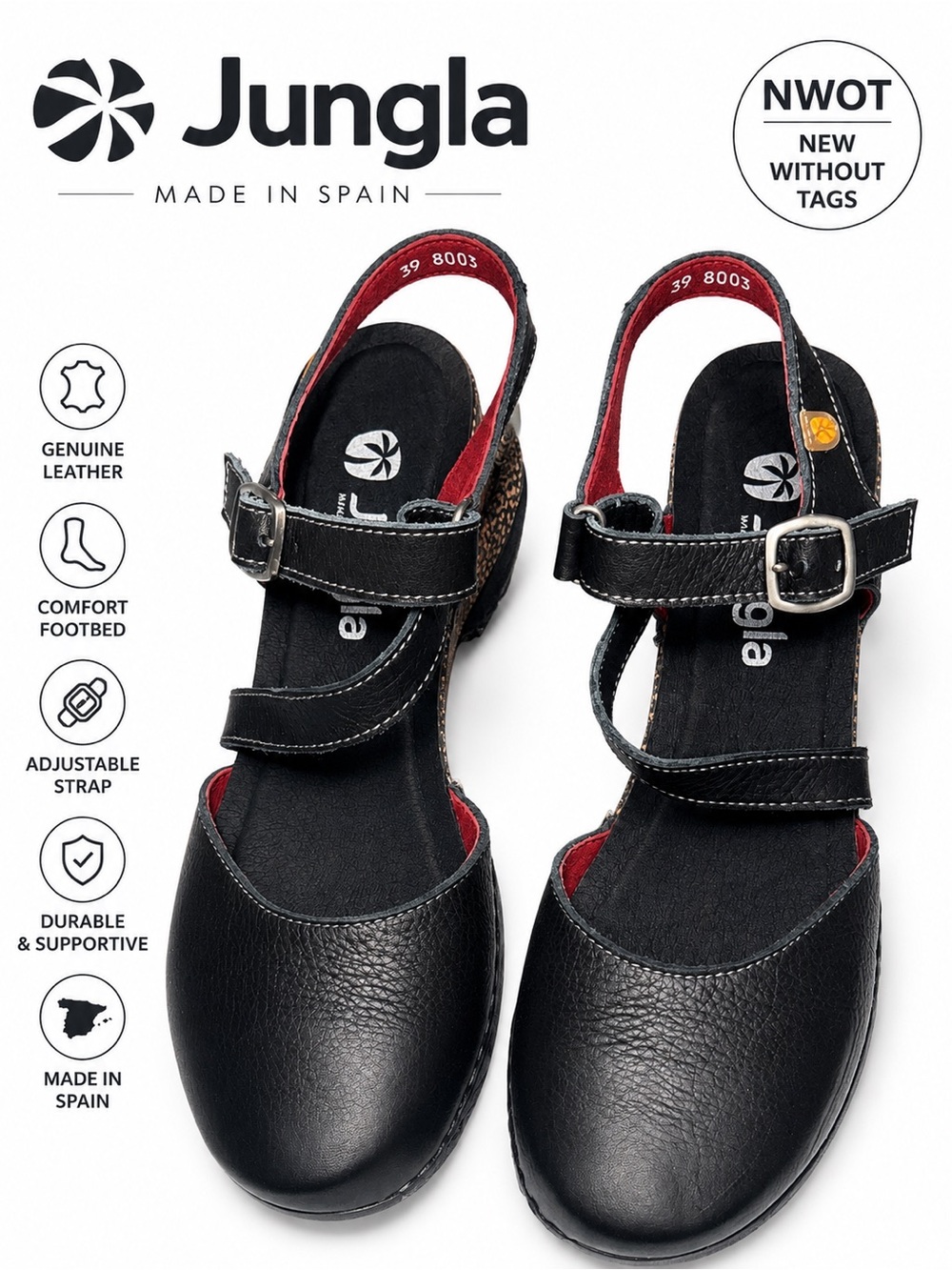 Jungla Spain Black Leather Mary Jane Comfort Clogs EU 39 NWOT Buckle